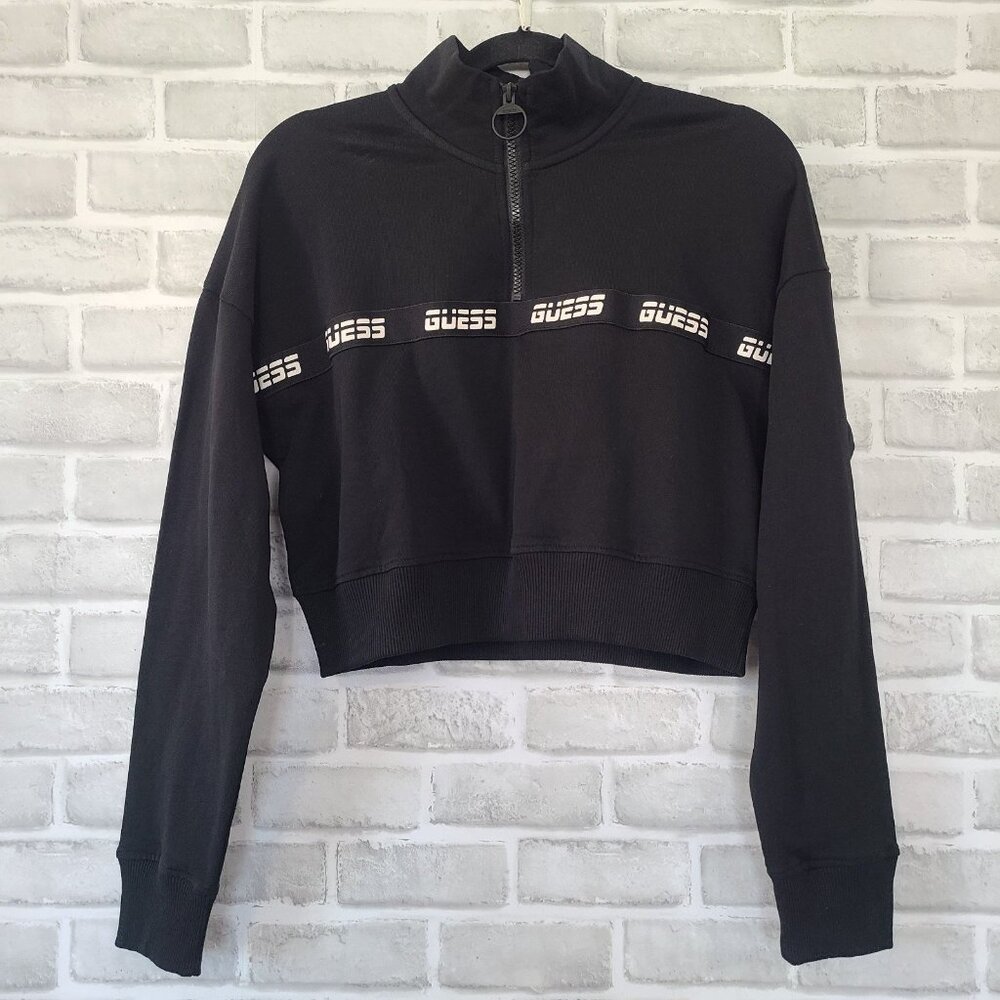 Guess Black Pullover Crop Sweatshirt Pollie Athleisure NEW Large $64